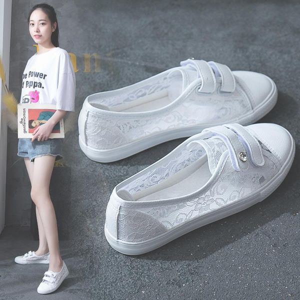 

2020 summer new korean fashion women's canvas shoes casual buckle low round hollow lace breathable flat shallow mouth white shoe, Black