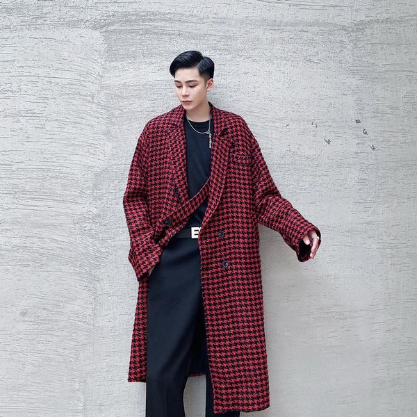 

men vintage houndstooth double breasted loose plaid woolen long trench coat outerwear autumn winter male casual overcoat jacket, Black