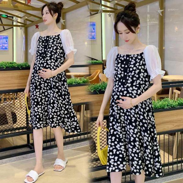 

9393# maternity clothes summer floral short sleeve easy matching loose stylish dress for pregnant women mom dress1, White