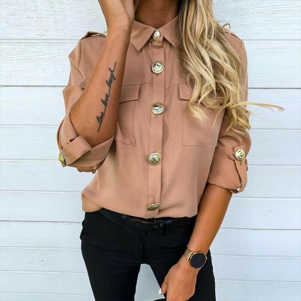 

2020 womens formal casual blouse fashion long sleeve solid color button long tunic lady girls shirts new 3 colors, White