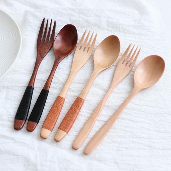 

2 pcs/set natural wooden spoon fork tableware kit rice soups utensil handmade home dinnerware kitchen supplies1