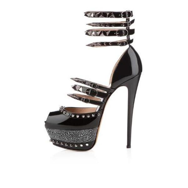 

shofoo shoes,beautiful lady's sandals, patent leather, about 14.5cm high heel sandals, women's large size sandals., Black