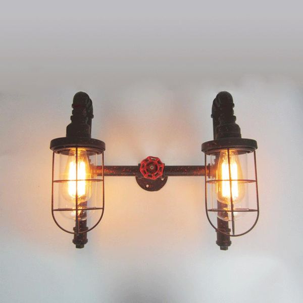 

vintage e27 creative personality retro iron wall lamp american village double head cage water pipe lamp loft edison wall light