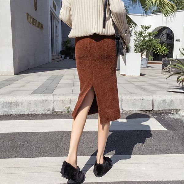 

womens elegant mink cashmere fur midi skirt female korean casual high waist knitted warm back splits mohair skirts 2019 winter, Black