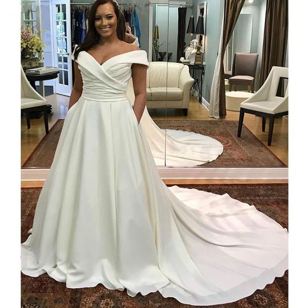 

women's long satin off shoulder wedding dresses simple style white lace up back a-line v-neck bridal gowns custom made