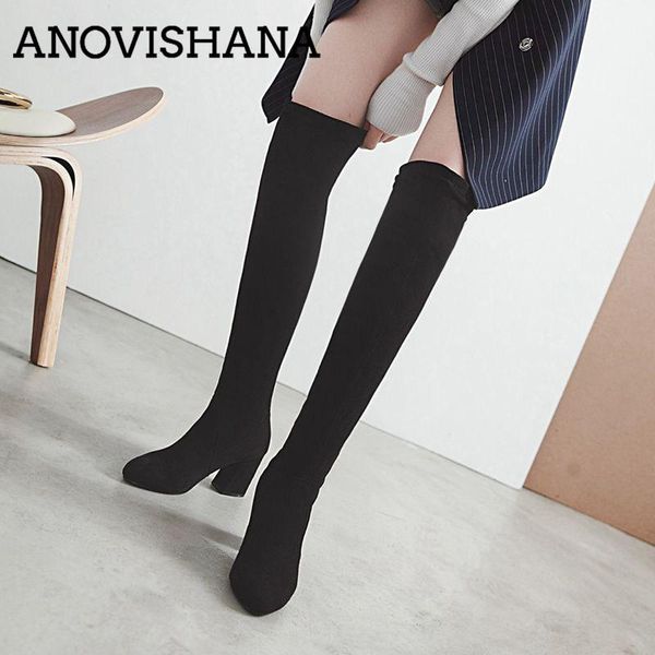 

anovishana winter boots pointed toe thick heels over the knee high boots flock slip on feminino mujer botas solid b918h, Black