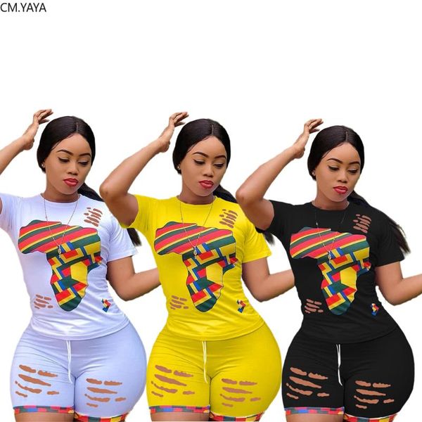 

cm.yaya women summer colorful print two piece set hollow out hole o-neck t-shirt shorts pants suit sports tracksuit outfit, Gray