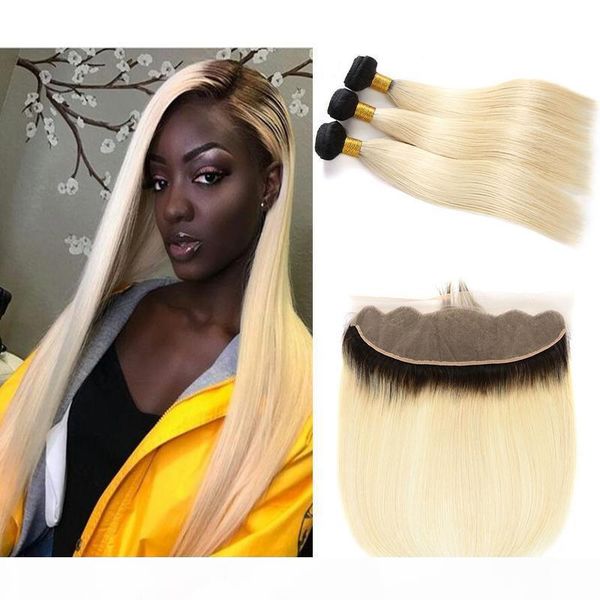

peruvian brazilian malaysian 1b 613 ombre blonde human hair bundles with 13x4 part lace frontal real cuticle aligned hair weaves, Black;brown