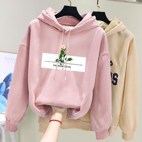 

2020 winter women hoody sweatshirt printing harajuku letter rose lady hoodie casual loose fleece pink pullover female, Black