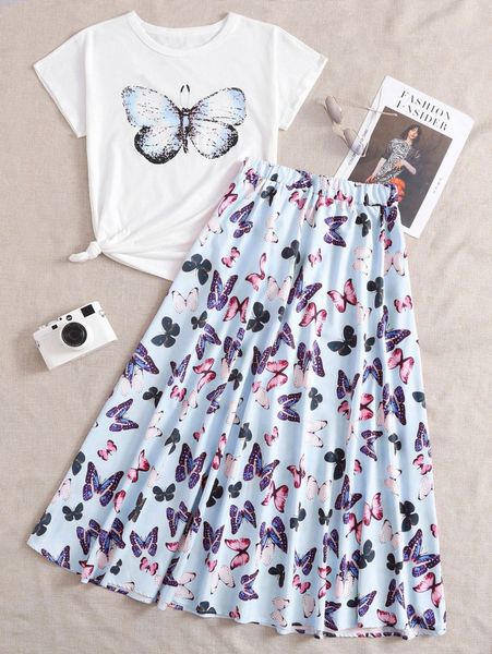 

butterfly print round neck tee & skirt k1tw#, White