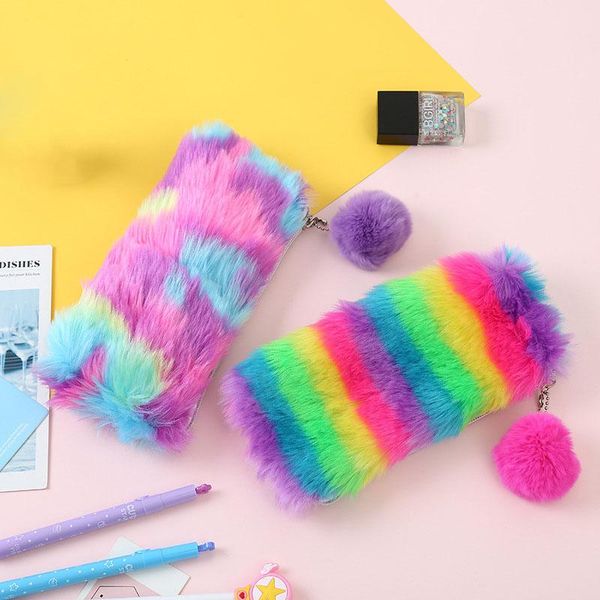

cute multi-color rainbow pencil case women girls school supplies plush fur ball makeup phone storage cosmetic bag