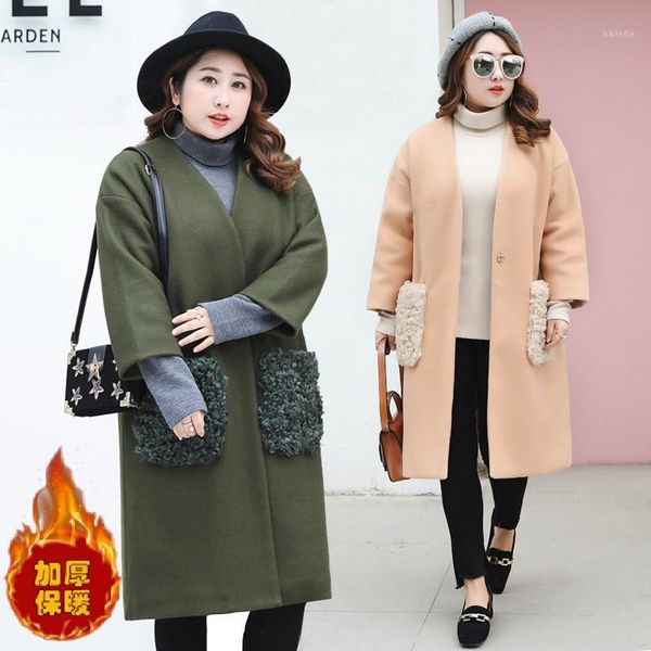 

winter fashion large size army green women's woolen overcoat pockets middle long windbreaker woolen coat thicker camel trench1, Tan;black