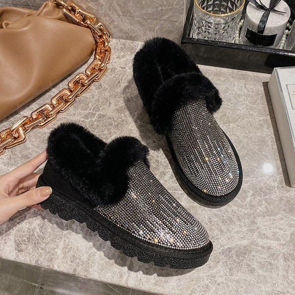 

bling crystal warm snow boots women flats heel colorful rhinestones diamonds winter plush fur shoes woman, Black