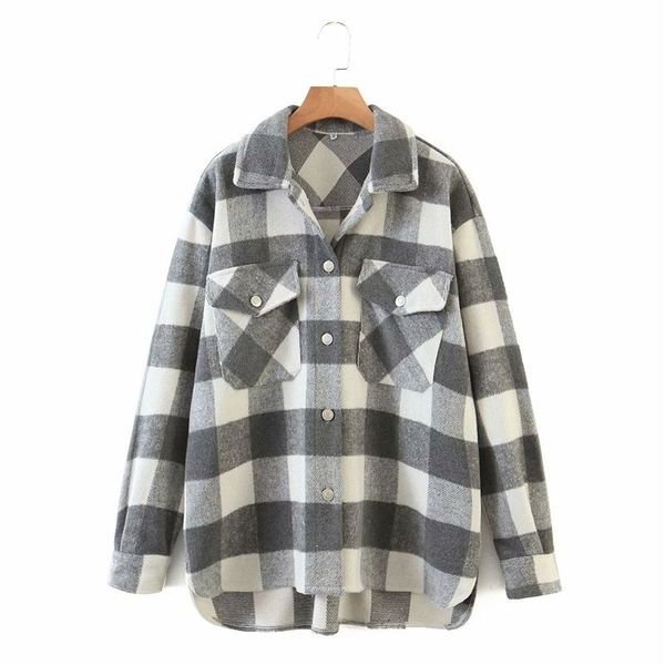 

2021 new female grey streetwear plaid thick shirts fall fashion ladies fancy shirt pocket loose casual sweaters 3xsw, White