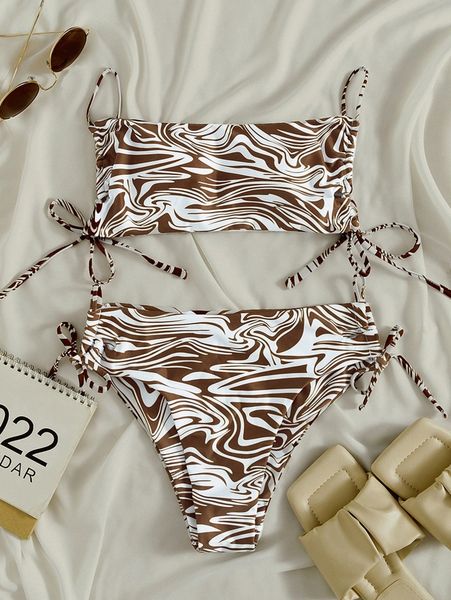 

allover print drawstring bandeau tie side bikini swimsuit f4e5#, White;black