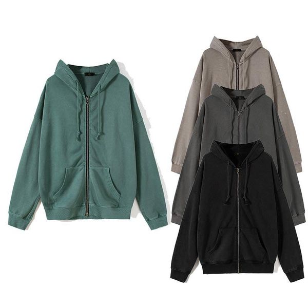 

high street distressed hoodie with zipper autumn 98% cotton warm hoodies men solid color loose clothing vintage oversized hoodie, Black
