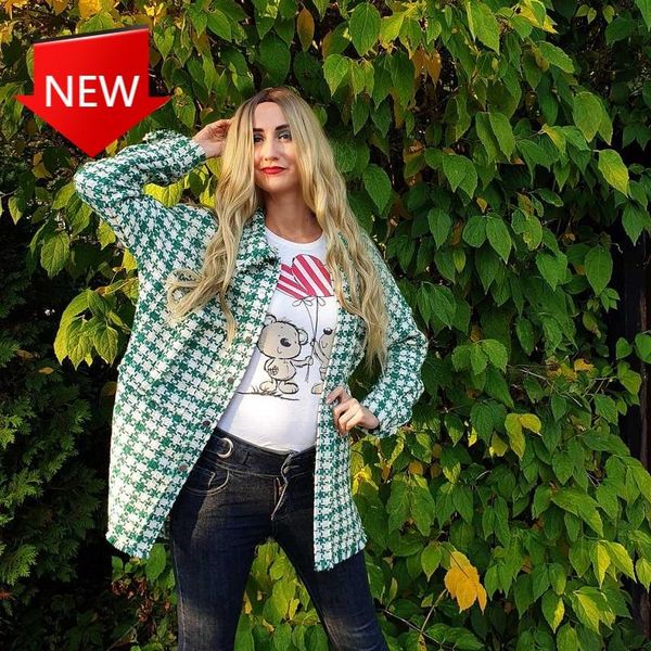 

ashion side open turn-down collar coats female outerwear vintage chic green plaid pockets tweed jackets women f, Black;brown