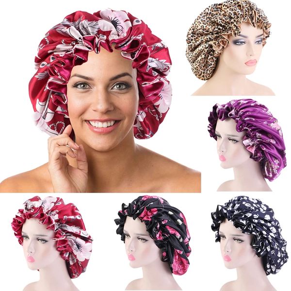 

extra large comfortable women fashion elastic band satin printed cap bonnet hair loss cap night sleep hat ladies turban beanies, Blue;gray