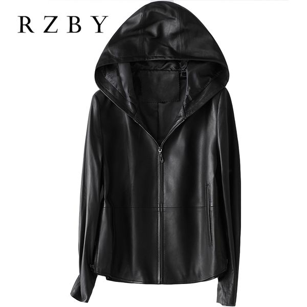 

rzby women 100% real sheepskin coat hooded jacket spring fashion genuine leather jackets chaqueta mujer 201028, Black