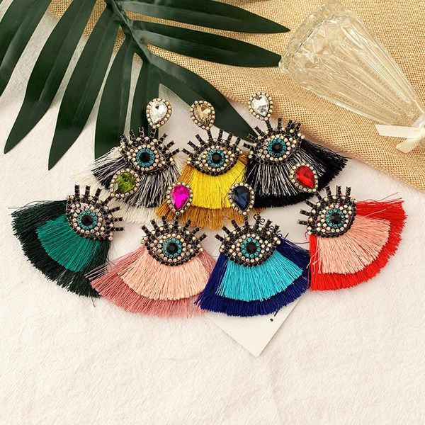 

vintage long tassel drop earrings for women geometric ethnic big red pink crystal eye dangle earrings statement christmas, Silver