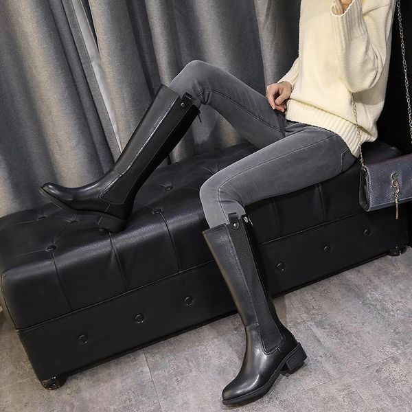 

boots women's knee-high 2021 winter velvet short-height mid-tube riding thigh boot high leg knight, Black