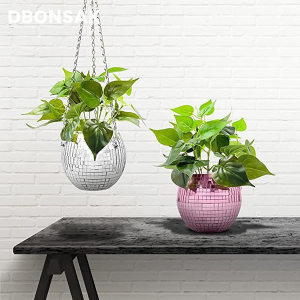 

disco ball hanging flower pot for indoor plants bohemian style flower planter pots rope mirror hanging basket garden decor vase