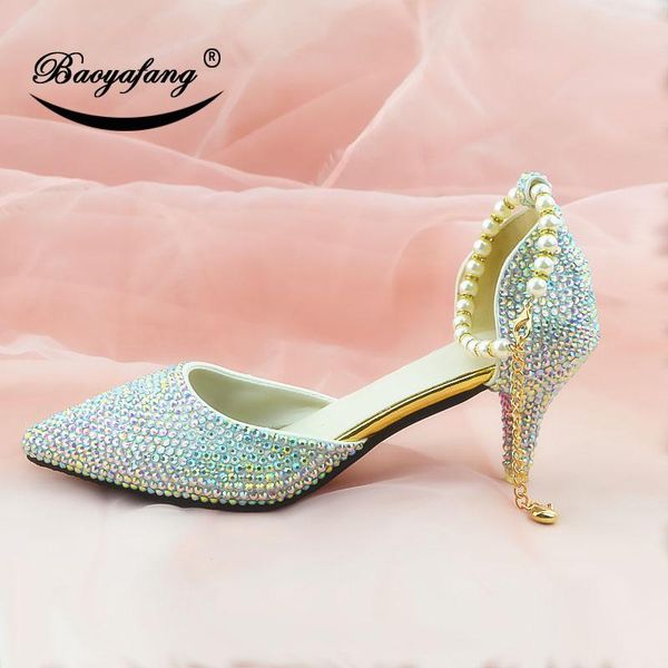 

2020 new arrival pointed toe womens wedding shoes woman crystal party dress shoes plus size white ab drill crystal, Black