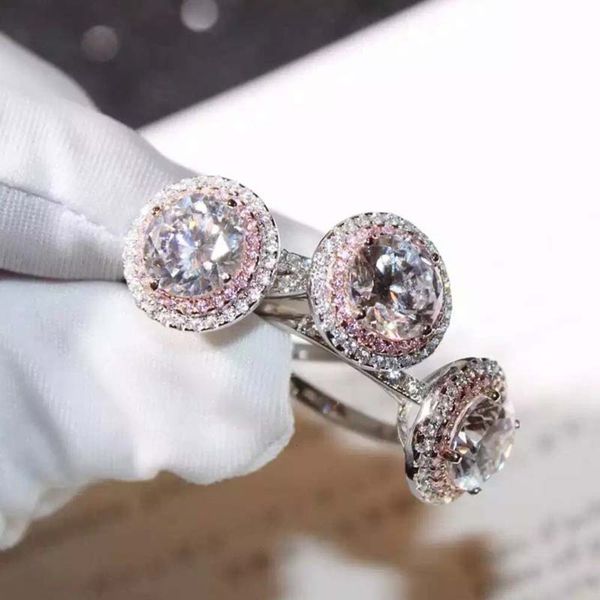 

Luxurys Designers Fashion Jz069 full diamond micro set zircon Plated Platinum double round pink 1.25 C imitation diamond ring for women, Silver