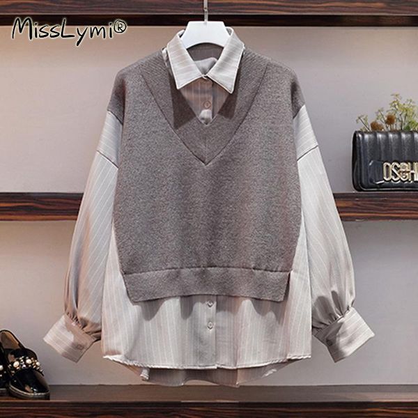 

women's blouses & shirts l-4xl plus size women striped autumn 2021 knitted sweater patchwork vintage lantern long sleeve blouse loose l, White