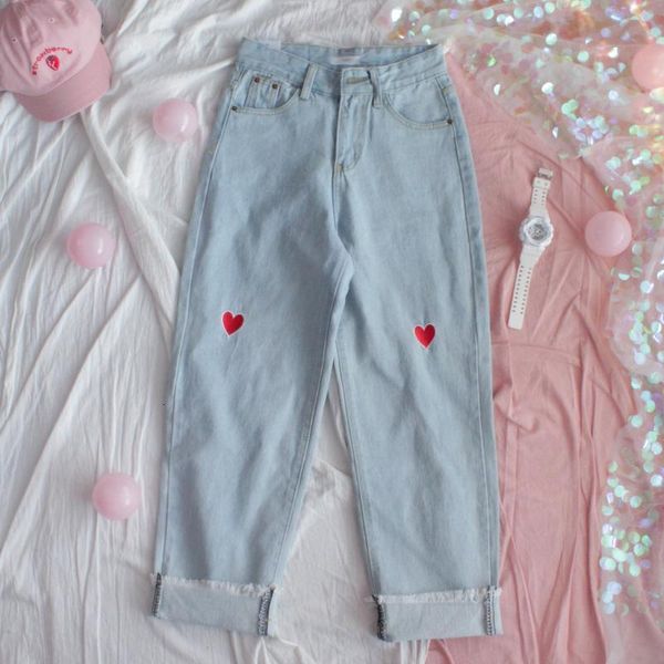 

2021 harajuku women loose high waist cotton sweet embroidered love school girl fringed jeans female pants 3els, Blue