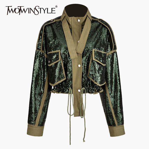 

twotwinstyle patchwork sequins lace up women's coats turtleneck long sleeve hit color jacket for female fashion clothes new 201023, Black;brown