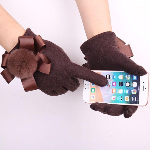 

cashmere gloves women pure color autumn winter warm plush ball korean sweet style elegant touchscreen soft gloves1, Blue;gray