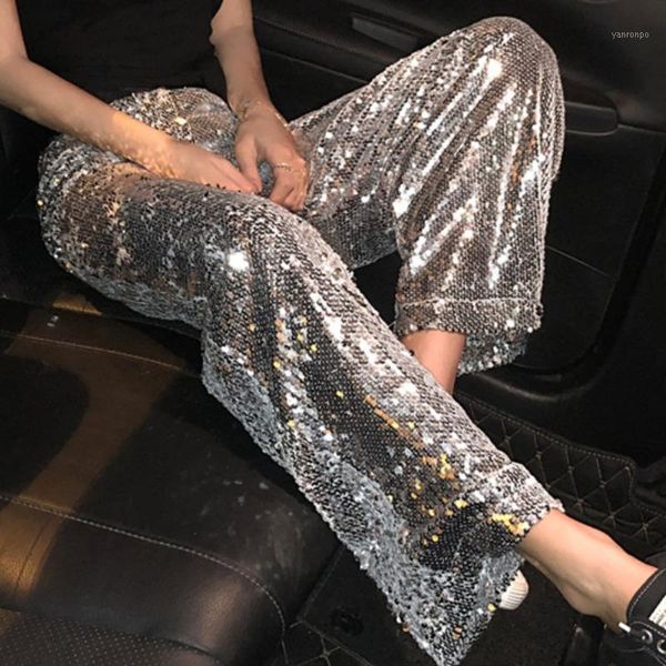 

ewq] spring 2020 new high waist fashion trend ladies all-match silver sequined trousers korean style casual pencil pants qv9491, Black;white