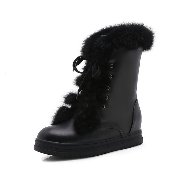 

19 new snow rabbit hair front lace thick soled women's boots, White;red