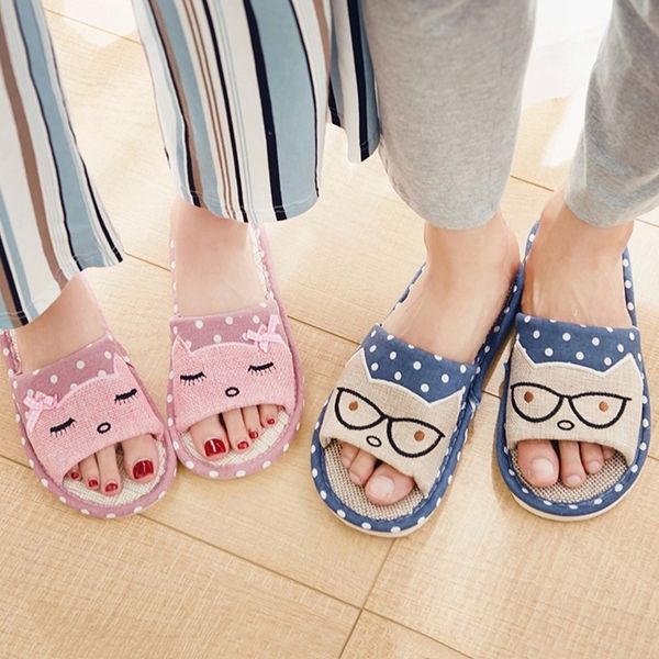 

house women hemp slippers cute cat pattern bedroom silent couples flax shoes spring summer breathable non-slip ladies slides #ec6k, Black