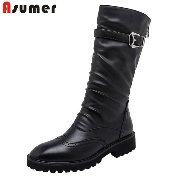 

boots asumer 2021 est genuine leather shoes women mid calf zip round toe cool fashion autumn winter motorcycle woman, Black