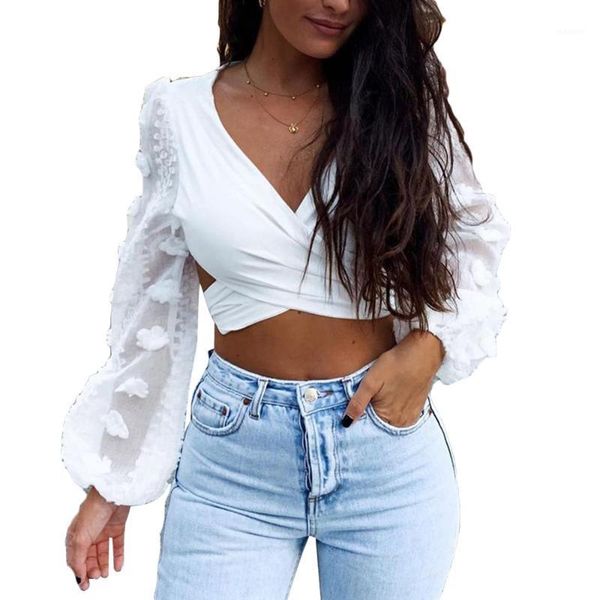 

spring new women lace puff sleeve cross bandage crop blouse deep v-neck ladies shirts solid black white blouses 1