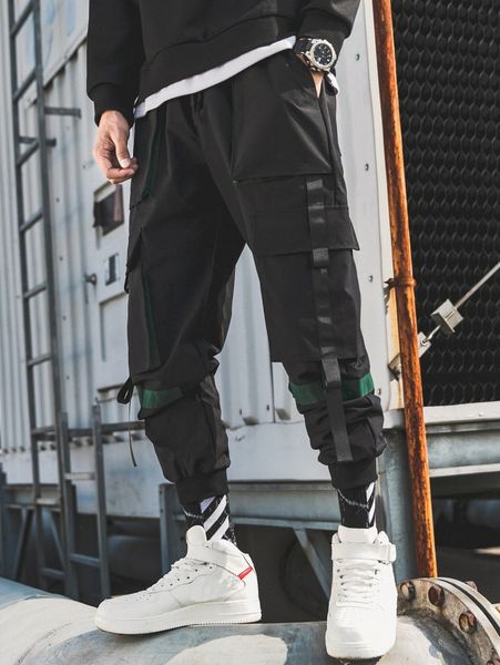 

men flap pockets contrast tape drawstring waist cargo pants p5zm#, Black