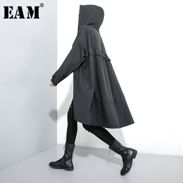 

eam] women black ruffles big size thin trench new hooded long sleeve loose fit windbreaker fashion spring autumn 2020 1m007 1026, Tan;black
