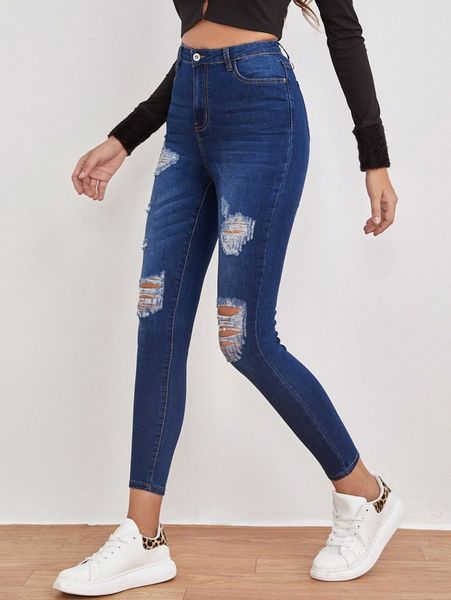 

high waist ripped detail skinny jeans e3ug#, Blue