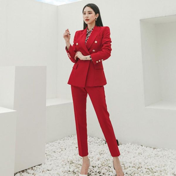 

women's two piece pants 2021 korean temperament occupation ladies 2 set double breasted slim gules blazer + high waist women suit, White