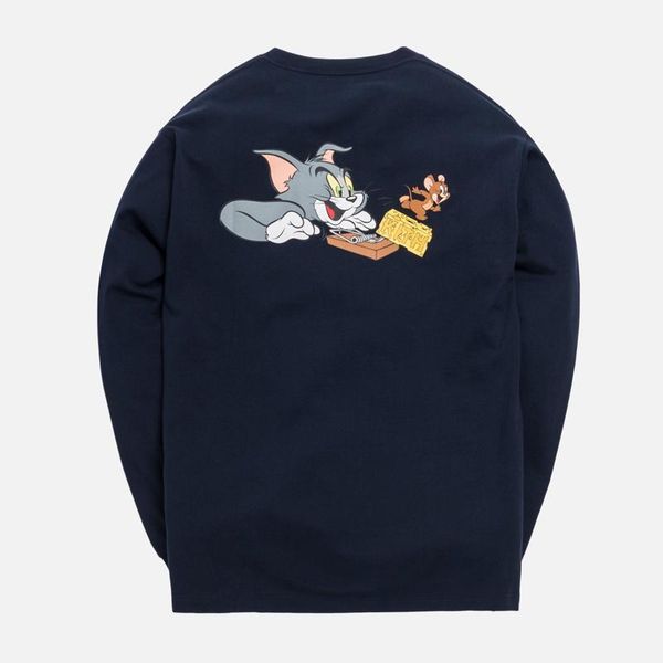 

19ss kith x tom & jerry ls cheese tee long sleeve sweatshirt cat and mouse cartoon spring autumn pullover sweater street t-shirt hfymwy242, Black