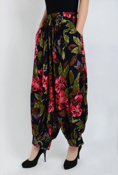 

large size cotton national wind flower pants long pants loose straight jeans pantyhose mother dress bloomers female thin section, Black;white