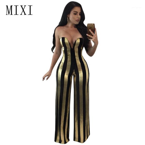 

mixi women party elegant jumpsuit strapless v neck backless black gold striped jumpsuit wide leg pant rompers overalls1, Black;white