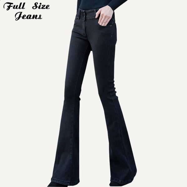 

plus size extra long black flare jeans pants 2xl women vintage mid waist wide leg bell-bottom long denim trousers1, Blue