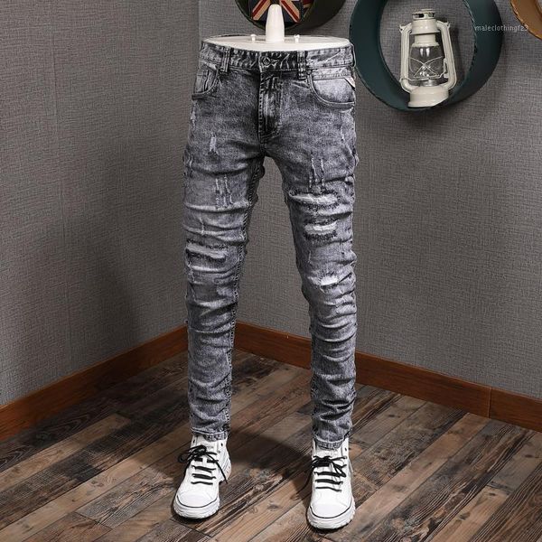 

men's jeans fashion streetwear men retro gray washed slim fit ripped patchwork elastic pants vintage designer homme1, Blue