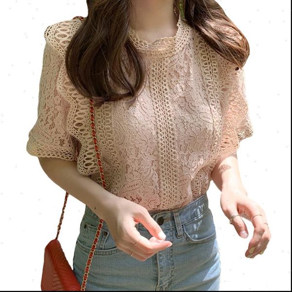 

dingaozlz korean fashion retro hollowed out blouse short sleeve summer ruffles women chiffon shirt drop shipping, White