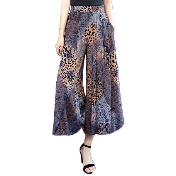 

summer new wide leg pants womens fashion large size floral trousers elastic high waist pantalones casual mujer skirt pants f645, Black;white