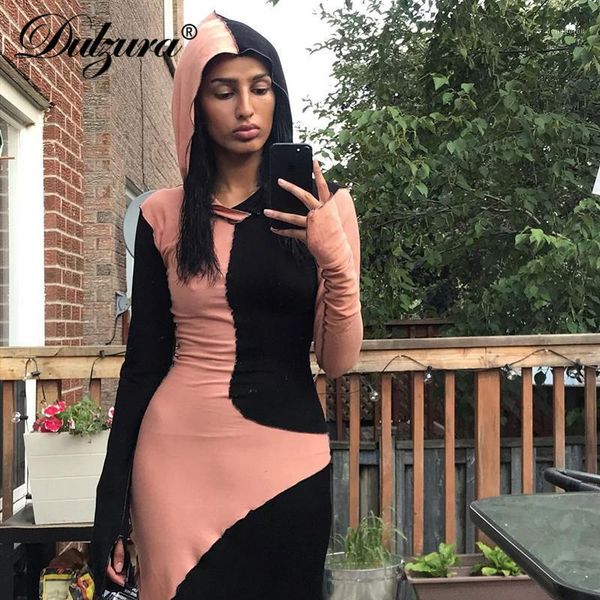 

dulzura patchwork women long sleeve midi dress hoodie bodycon streetwear club 2021 autumn winter casual slim festival1, Black;gray