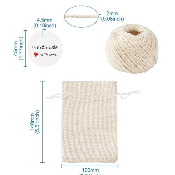 

1set burlap packing pouches drawstring bags with jewelry display kraft paper price tags and hemp cord twine string for bbysww